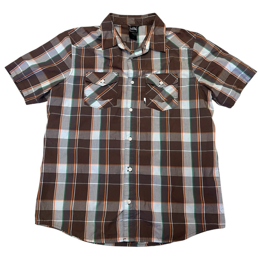 The North Face Button Down Shirt Men's Size L Plaid Brown Short Sleeves Pockets